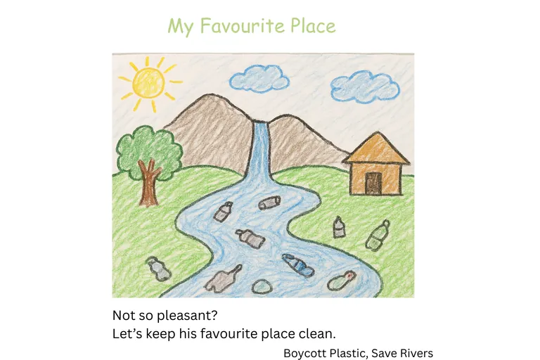 Plastic pollution print campaign — child's drawing concept